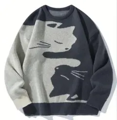 猫ちゃん柄セーター　猫柄　白猫　黒猫　グレーニット　メンズS 男女兼用