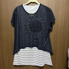 ひまわり刺繍 重ね着風 チュニック 半袖のサムネイル
