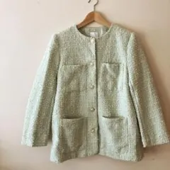 H&M ノーカラーツイードジャケット　ゴールドボタン　グリーン