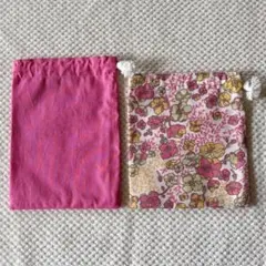 【ハンドメイド】巾着袋 2枚セット（ビビッドピンク＆北欧風花柄）給食袋・コップ袋