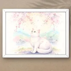 A4 桜の下で春を見上げる白猫のひととき 水彩画アート インテリアポスター b