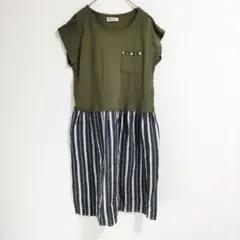 〈BON FEE〉半袖ワンピース　カーキ　ドッキングワンピ　ひざ丈　夏　М〜L