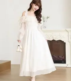 Anely オフショル シフォン フリル ロング ワンピース