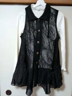 ゆったり★レース ロングベスト フレア ポケットつき 体型カバー 黒 ミセス