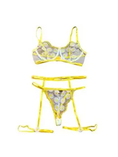 イエローフラワーレースブラ＆Tバックセット Mサイズ