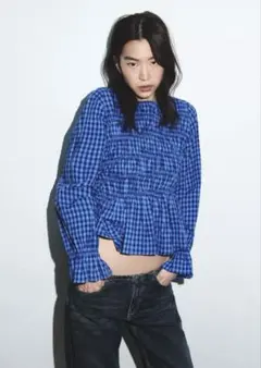 【ZARA】クルーネック ロングスリーブシャツ XS ブルー/インディゴ