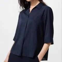 UNIQLOレーヨンスキッパーブラウス(￼ ストライプ)ネイビー 7分袖 M
