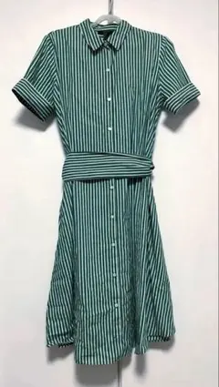 【Forever 21】 ストライプ シャツワンピース 半袖 グリーン