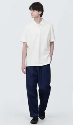 【未使用】無印良品　白　半袖ポロシャツ　L（洗いざらし鹿の子編み半袖ポロシャツ）