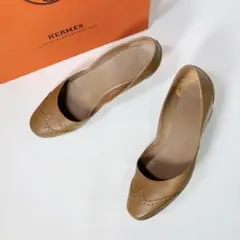 HERMES ウィングチップ ウェッジソール パンプス レザー ブラウン系 38のサムネイル
