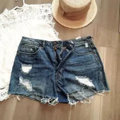 【美品】着回し力抜群 ダメージ デニム ショートパンツ ミニ丈 ブルー