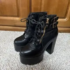 厚底ブーツ 黒 厚底 14cm ブラック 厚底レースアップショートブーツ ヒール