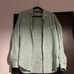 フレンチリネン 緑と白のストライプシャツ M