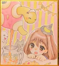 ハロウィン2　ツボツボ　手描きイラスト　オリジナル　アナログ　原画　色紙　ポケ