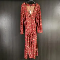 花柄赤ワンピース ウエストリボン付き