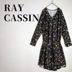 RAY CASSIN　小花柄Vネックワンピース　ウエストリボン ブラック　F