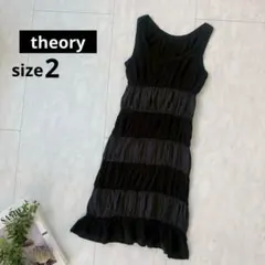 【セオリー】ギャザーシャーリングノースリーブワンピース・異素材◇ブラック・2のサムネイル