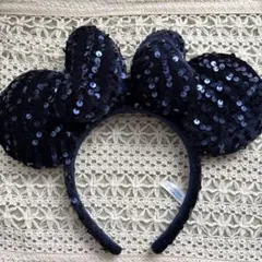 ミニー　耳型カチューシャ ネイビー　リボン　スパンコール　美品☆ディズニー