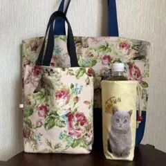 ハンドメイド　トートバッグ　ミニバッグ　水道入れ　猫柄　花柄　3点セット