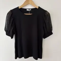 新品未使用しまむらL'espoir ドット柄シースルー袖 カットソー 黒Lのサムネイル
