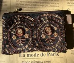 インド刺繍リボンミニポーチ　黒×ブラウン