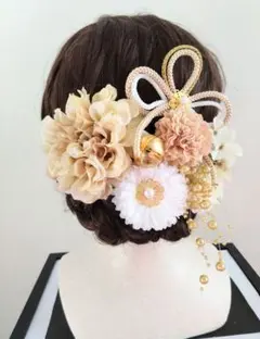 和装髪飾り（ベージュ江戸打紐)　結婚式　成人式　七五三　卒業式　謝恩会　振袖