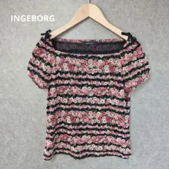 【INGEBORG リボン薔薇花柄ボートネックカットソーМ】インゲボルグ古着