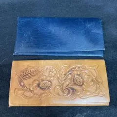 レザー長財布 2点セット ブルー ブラウン 花柄カービング　レザー　カービング