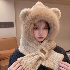 【ブラウン】マフラー フード付 帽子 防寒 くま耳 ボア 男女兼用 フード