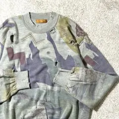 LANCEL 総柄 グランジ ニット ボロ 加工 ウール100% 薄手 Lのサムネイル