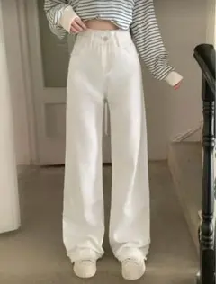 ホワイトフリンジ裾ストレートデニム（S）