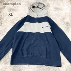 チャンピオン【XL】切り替えスエットパーカー プルオーバー 刺繍ロゴ フード