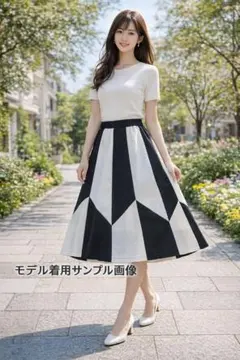 新品モノトーン フレアスカート 白黒 Aライン ミモレ丈 ウエストゴム 綺麗目