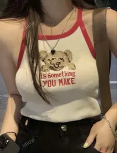 SHEIN コンスラストトリム 標語刺繍 クロップニットトップ クマ キャミ