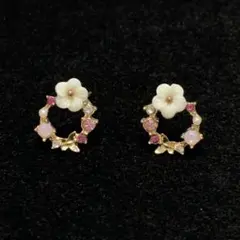 P090 花 蝶 ラインストーン パール リース ゴールド ピアス 可愛い