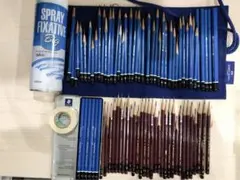 【美品・新品混合】デッサン用具セット鉛筆大量 定着スプレー、筆袋