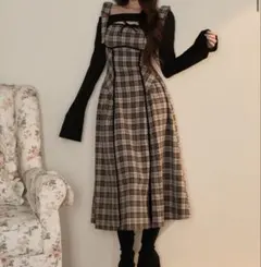 新品未開封】BunnyLis リボンファーボレロ×チェックロングワンピ