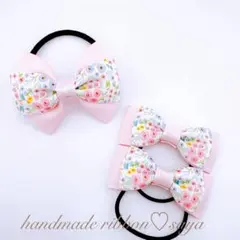キッズリボンヘアゴム3個セット　ピンク　花柄