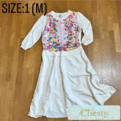＊美品【チェスティ】長袖 ニット ワンピース 花柄 異素材ドッキング Mサイズ