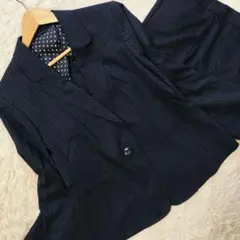 ​美品 n-line パンツスーツ ネイビー ストライプ 19号 大きいサイズのサムネイル