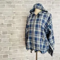 青系チェック柄　ジップパーカー　ジャケット　オーバーサイズ　　B404