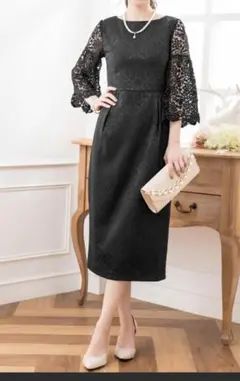 ドレスプラス　ダマスク柄　パーティドレス　ブラック　XL