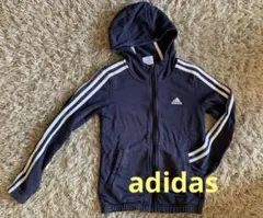 adidas ネイビー フード付スウェットパーカー スリーストライブ 140cm