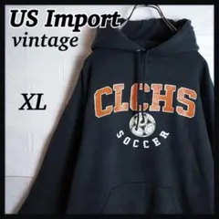 am1168 US 古着 ヴィンテージ パーカー チームロゴ L 黒 ビッグロゴ