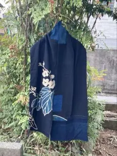 藍染め手織り　布団解き　無地絣　少し厚手　５巾　木綿古布型染筒描き古布資料 古布前掛け専門屋◇珍品◇味のあるざっくり手織り木綿◇本藍染