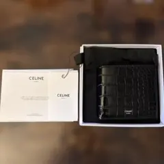 極美✨CELINE 二つ折り財布 バイフォールド レザー クロコ ブラック