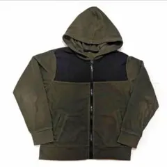 キッズ　フリース　パーカー　トップス　カーキ×ブラック　胸切替 　140サイズ