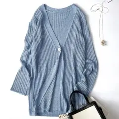 Leilian レリアン⁑レーヨンVネックカーディガン　ライトブルー　9号 春