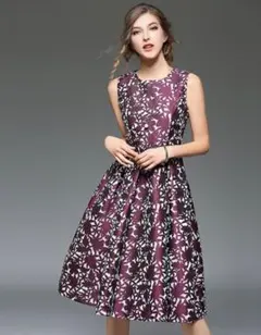 パーティードレス 紫色 花柄 ノースリーブ