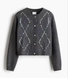 H&M 刺繍カーディガン ダークグレーメランジ S